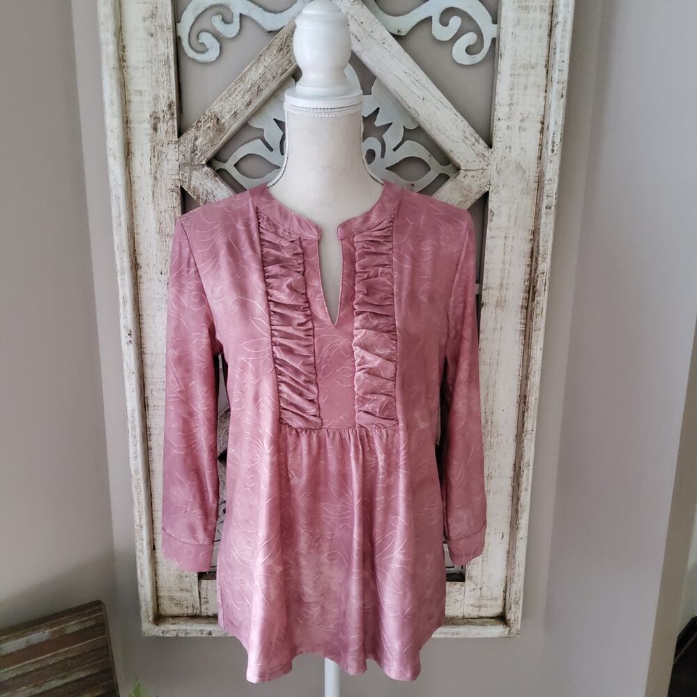 Notations Romantic Blush Pink Jacquard Ruffle Blouse Soft Girl Academia Top S M